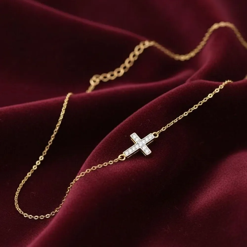 14K Yellow Gold CZ Cross Bracelet | Dainty Adjustable Chain By Tehrani Jewelry